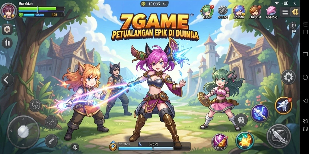 Screenshot gameplay 7GAME yang menampilkan karakter anime utama.