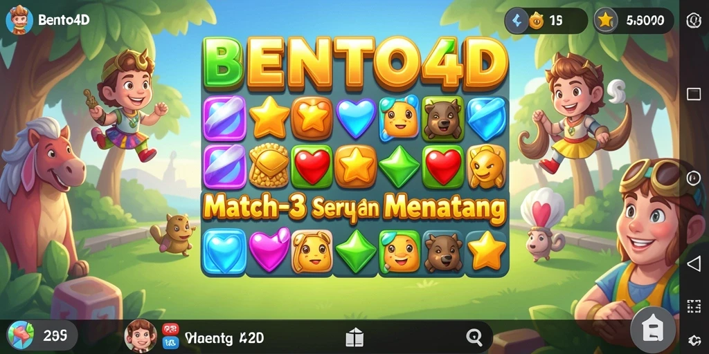 Screenshot gameplay BENTO4D yang menunjukkan aksi mencocokkan elemen Match-3.