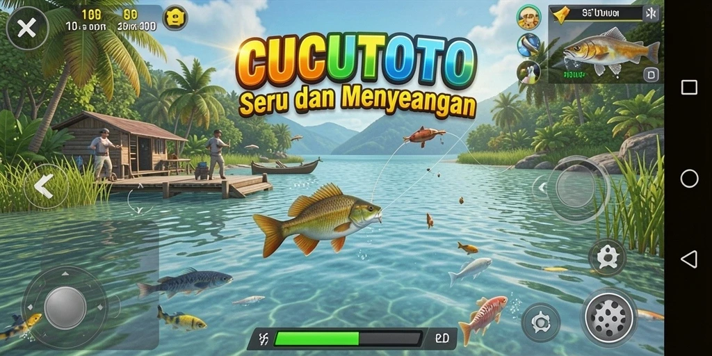 Gameplay CUCUTOTO yang menampilkan aksi memancing yang seru.