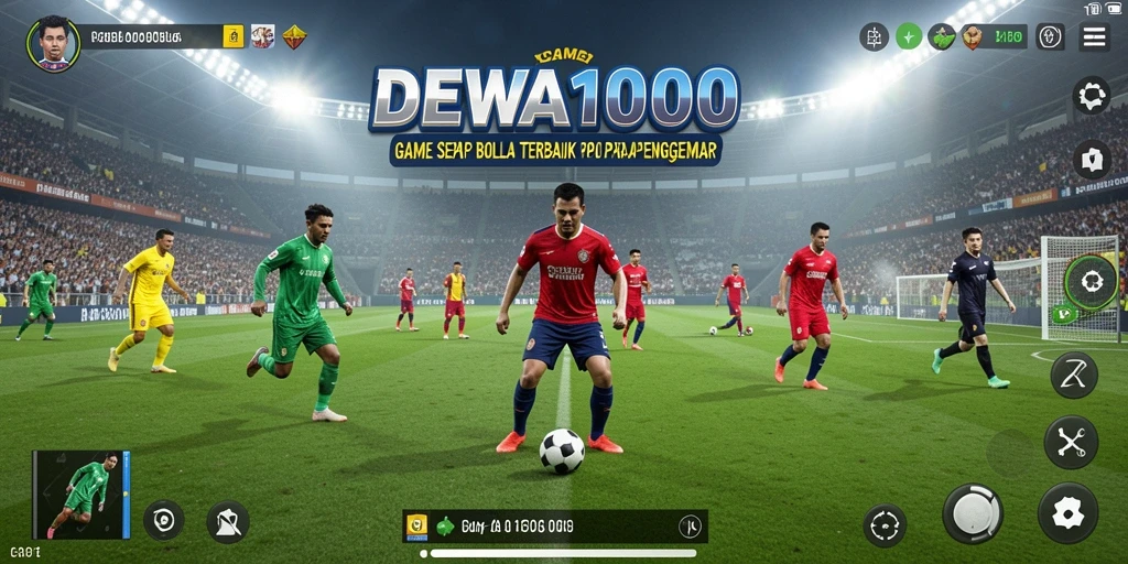 Tangkapan layar utama DEWA1000 menampilkan aksi seru dalam permainan sepak bola.