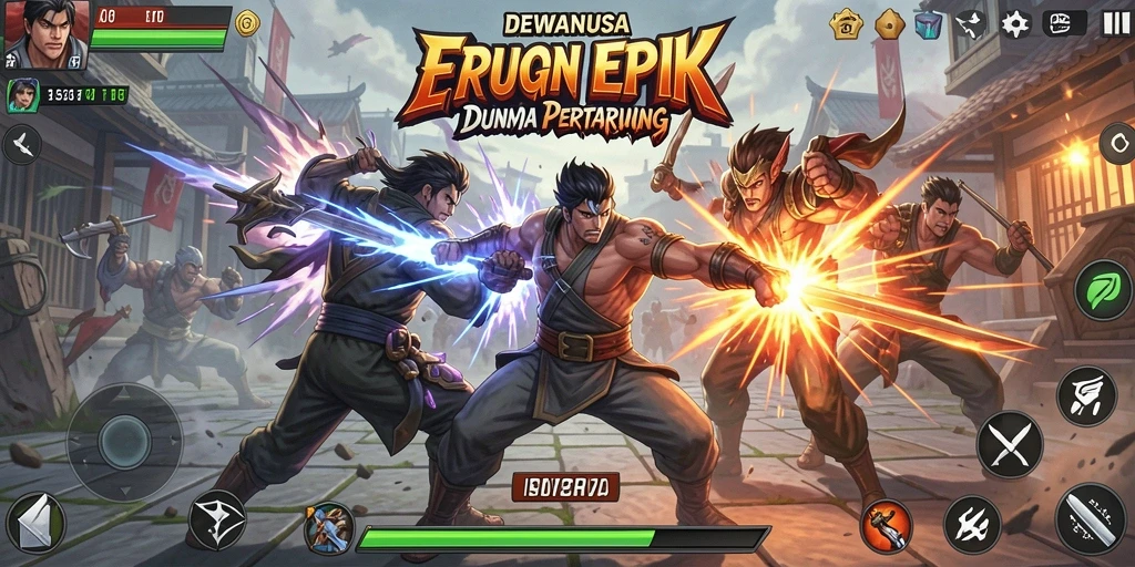 Tampilan gameplay DEWANUSA dengan karakter yang bertarung di arena.