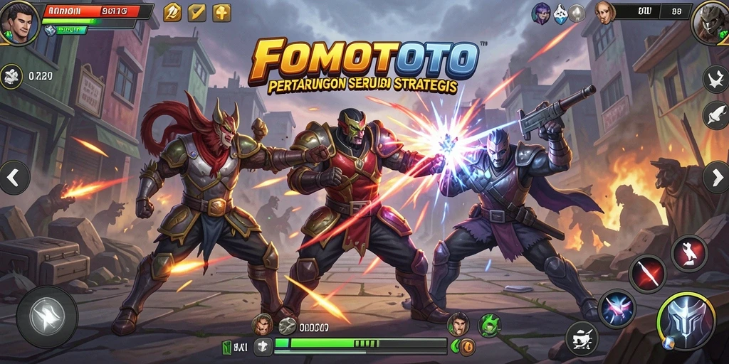 Screenshot FOMOTOTO menampilkan karakter bertarung dalam arena yang menegangkan.