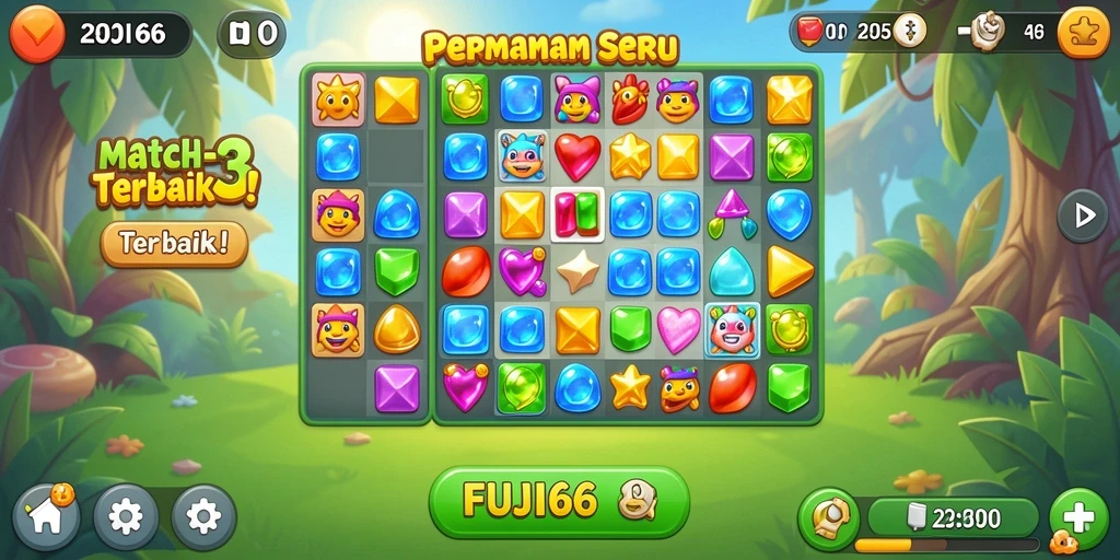 Screenshot menunjukkan gameplay seru FUJI66 di kategori Match-3.