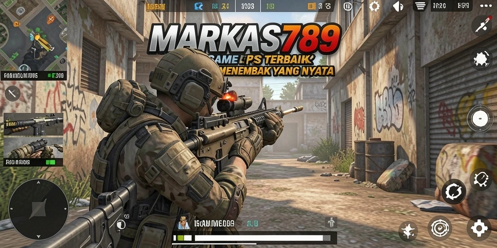 Tangkapan layar menampilkan aksi menembak intens di MARKAS789.