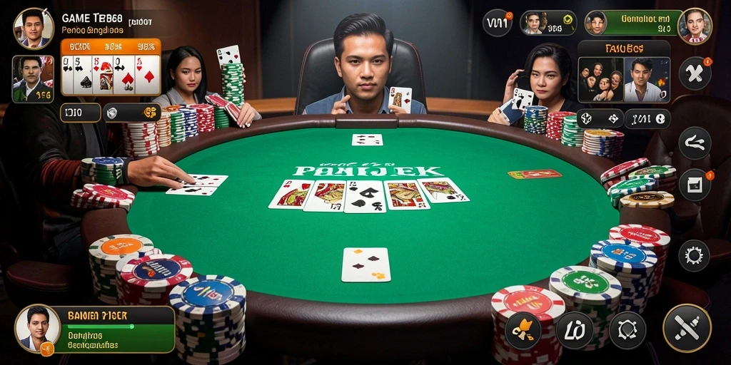 Screenshot gameplay V21 menampilkan aksi seru dalam permainan poker.
